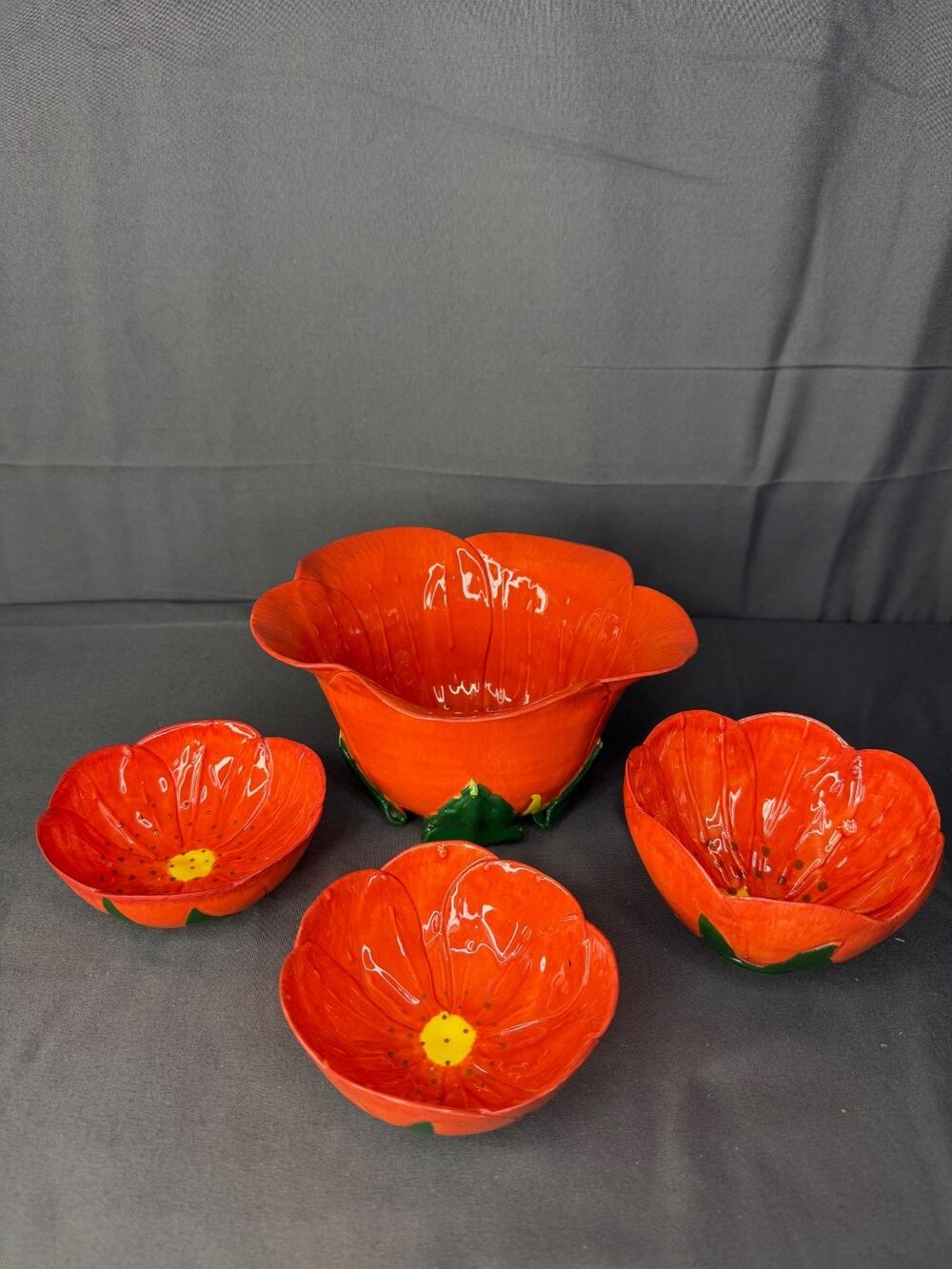 Ceramic Poppy Serving Bowl with 3 Small Poppy Bowls RARE FIND Set Hand Made